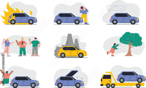 Car accident illustration, insurance claim, vehicle fire, roadside assistance, towing service, broken car, damage repair, flat design vector set
