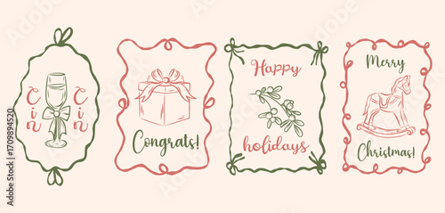 Hand-drawn Christmas posters. Vintage New Year design with gift box, champagne glass, mistletoe and horse. Holiday card, tag or invitation.