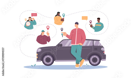 Man sharing his car location with passengers via a mobile app.