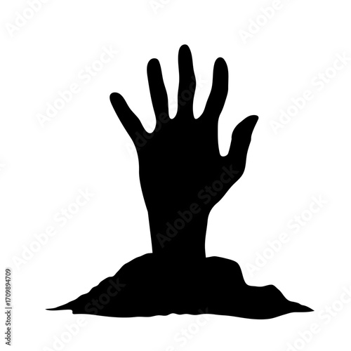 Black silhouette of human hand sticking out of the ground. Halloween decorative element for cards and posters.