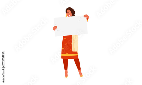 A woman in traditional Indian attire holds a blank white sign for text or graphics.