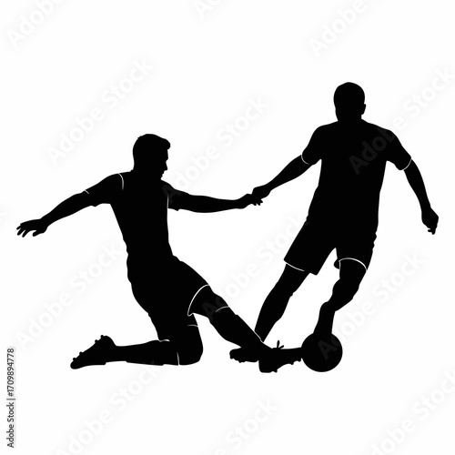 silhouette of two soccer players fighting for the ball
