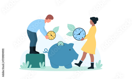 Two people are saving time by putting clocks into a piggy bank.