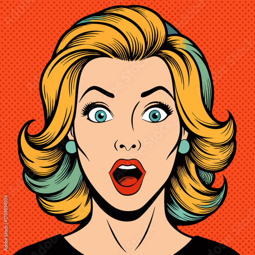 Face of an admiring or surprised woman. Retro pop art comic style. Vector illustration.