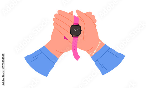 Hands holding a pink smartwatch with a black screen, showcasing modern technology and personal style.