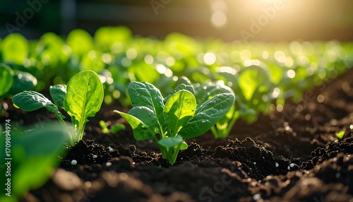 Lush spinach plants growing in garden soil with sunlight backlighting healthy greens.