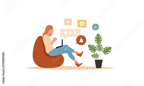 Woman relaxing in a beanbag chair, working on a laptop, surrounded by various digital notifications.
