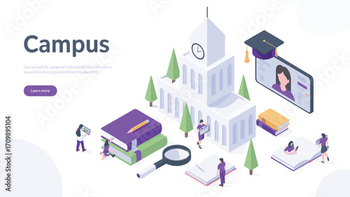 Isometric 3D illustration of university campus, education building, students studying, academic learning, school library, graduation concept, vector design