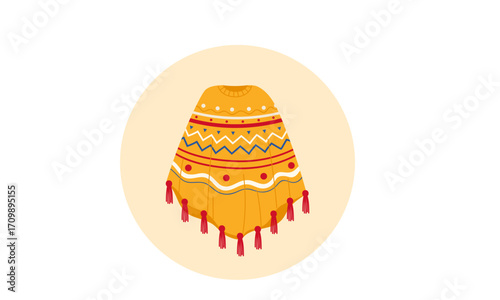 A mustard yellow poncho with decorative patterns and tassels.