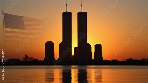 New York skyline at sunset with American flag