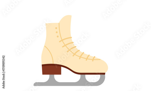 A simple, flat illustration of a single ice skate, depicted in a cream color with brown accents and a silver blade.