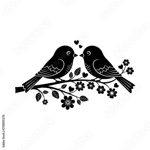 Birds branch hearts love floral couple romance silhouette vector illustration