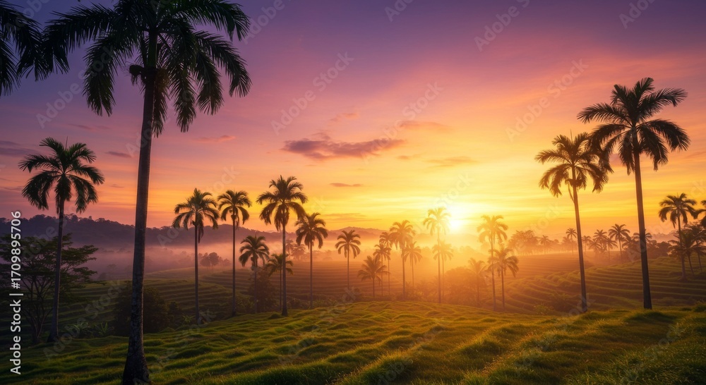 Obraz premium Vibrant Tropical Sunset with Silhouetted Palm Trees