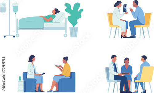 Medical illustration of doctors consulting patients, hospital healthcare service, teamwork, treatment discussion, diagnosis explanation, professional staff, modern clinic environment