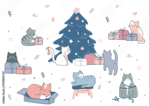 Christmas Cats Clipart Set with Decorated Tree, Gifts and Winter Elements on White Background