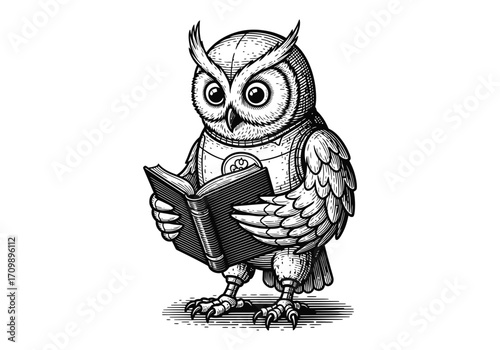 Wise owl reading book education knowledge silhouette vector illustration