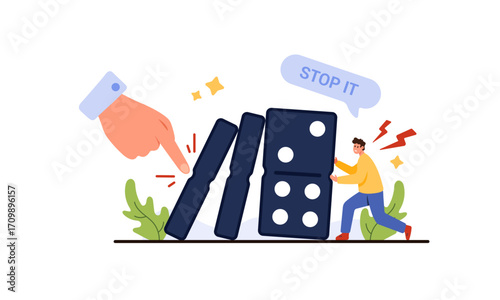 A hand stops a man from pushing dominoes about to fall.