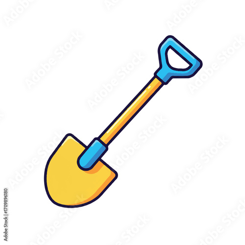 A cartoon illustration of a yellow shovel with a blue handle and grip, isolated on a white background.