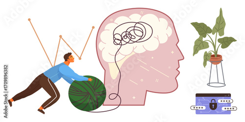 Person unravels tangled thread in brain outline, symbolizing problem-solving. Includes a plant for growth, wallet for budgeting. Ideal for change, self-help, solutions, guidance, life goals therapy