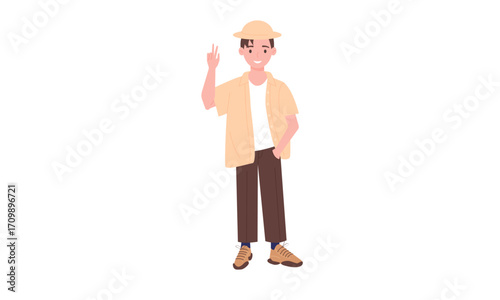 Smiling young man in a beige shirt and hat, pointing upwards.
