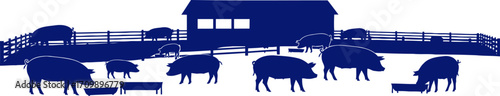 peaceful blue pigs on farm serene rural scene illustration, isolated on transparent background