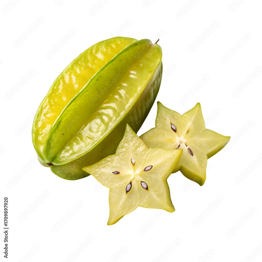 Fototapeta premium Fresh star fruit, whole and sliced, isolated on transparent background.