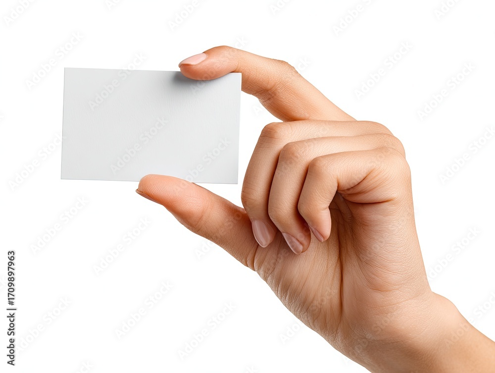 Obraz premium A woman's hand holds a blank business card against a white background