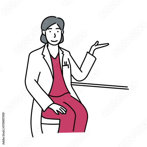 椅子に座る女性医師が片手を挙げて説明や指導を行うイラスト｜病院や診療所における医療従事者の姿を描き、安心と信頼を表現する素材