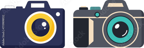 Two Stylized Flat Design Cameras with Colorful Lenses