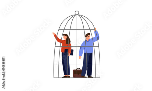 Two people trapped inside a cage, representing feelings of confinement and restriction in a business setting.