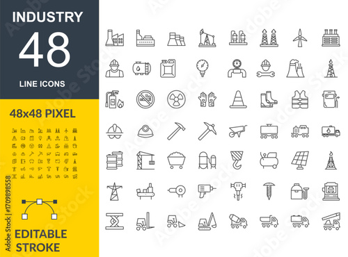 Industry Line Icons Set – Editable Stroke Vector Illustration for Business and Manufacturing, Industrial Equipment and Factory Icons Collection – Thin Line Style Vector Design, 48x48 Pixel Pack Bundle