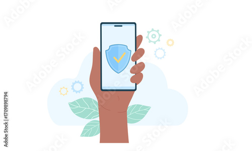 A hand holds a smartphone displaying a security shield.