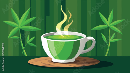 Cup of hot green tea on bamboo background, vector illustration.