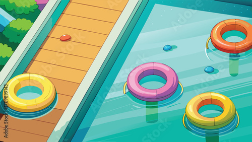 Pool with inflatable rings and swimming pool. Cartoon vector illustration.
