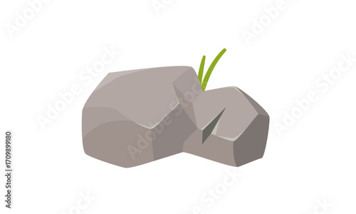 Two gray rocks with grass growing on top.