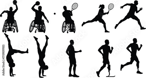 Silhouettes of Disabled and Able-Bodied Athletes in Dynamic Motion – Wheelchair Tennis, Amputee Running, Adaptive Sports, Fitness, Inclusion, Strength