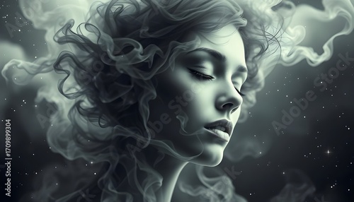 Mystical portrait of a woman surrounded by ethereal smoke digital art fantasy concept