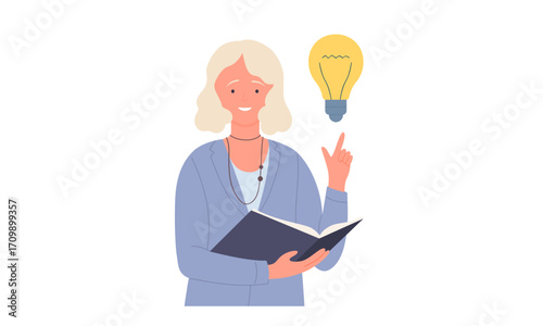 A woman with blonde hair holding an open book and pointing upwards towards a lit lightbulb, symbolizing an idea.