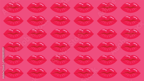 Seamless pattern of red lips on a pink background. Vector illustration