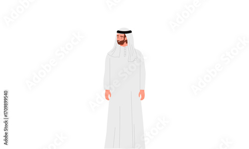 A man in traditional Emirati thobe stands against a white background.