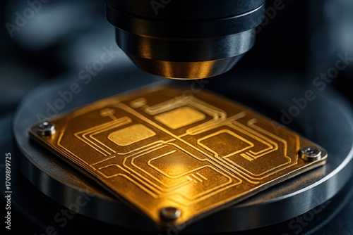 Macro view of etched copper quantum processor under microscope, highlighting advanced nanotechnology and precision electronics research.