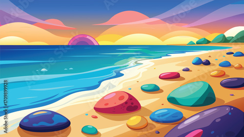 Beautiful seascape with colorful stones. Vector cartoon illustration.