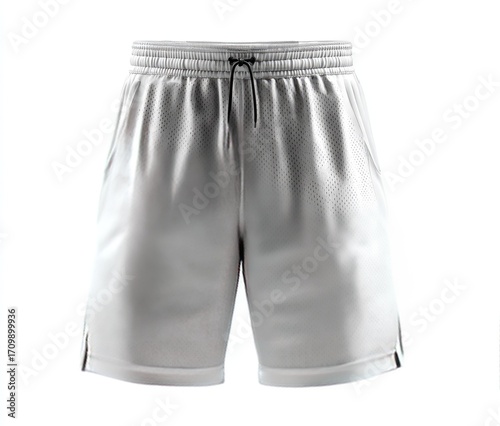 Light gray athletic shorts with drawstring waist and side pockets