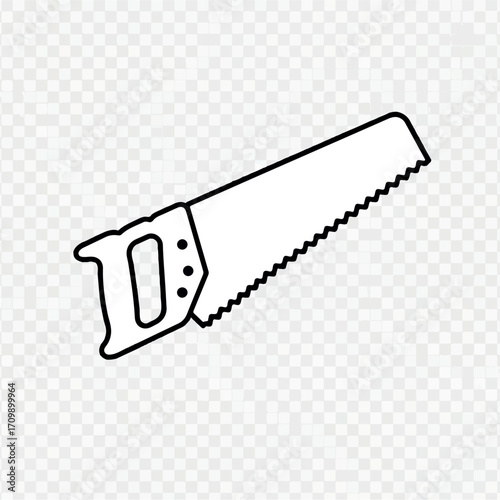 Line art illustration of a hand saw with a black outline and white fill.