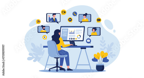 Woman working remotely on computer with multiple video call participants connecting online