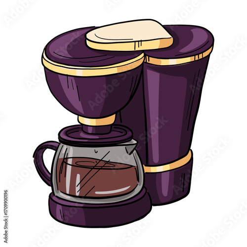 Retro-style drip coffee maker. Colorful illustration on white. Cup in the machine. Item for making coffee at home, in cafes, cafeterias, or bakeries. Morning energy hot drinks for boost. Coffee drink