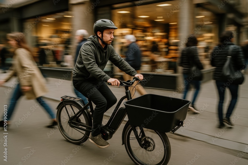 Obraz premium Urban courier on electric cargo bike rides through shopping district with insulated white box, ensuring efficient city delivery service.