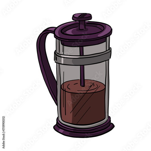 French press in retro style. Colorful illustration on white. Glass. Item for making coffee at home, in cafes, cafeterias, or bakeries. Morning energy hot drinks for a boost. Coffee drink