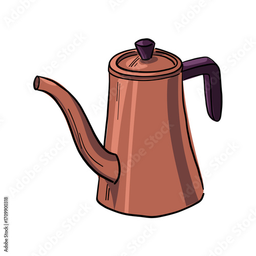 Copper teapot with long spout in retro style. Colorful illustration on white. Hot water, boiling. Item for making instant and ground coffee and tea at home. Morning energy hot drinks for vitality