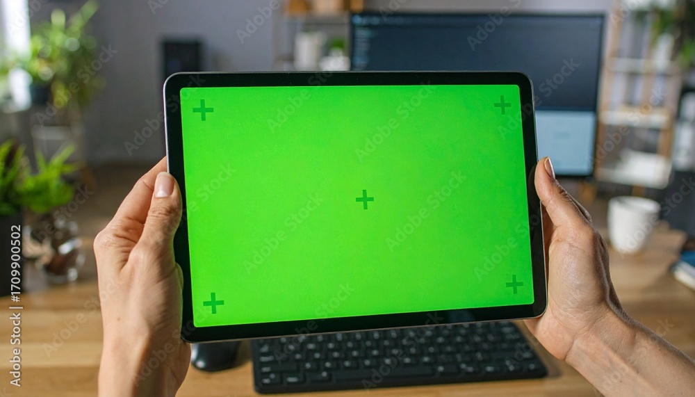 Naklejka premium Person holding tablet with green screen in modern office, showcasing technology and possibilities for digital content creation.